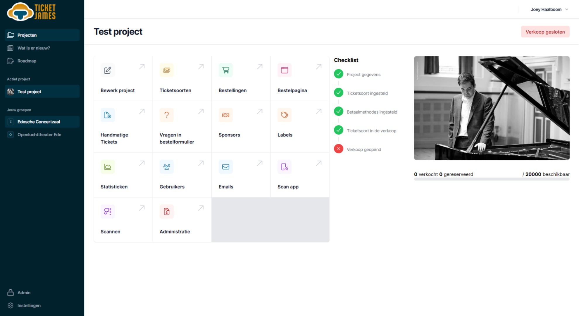Screenshot van de TicketJames backoffice Screenshot van de TicketJames backoffice